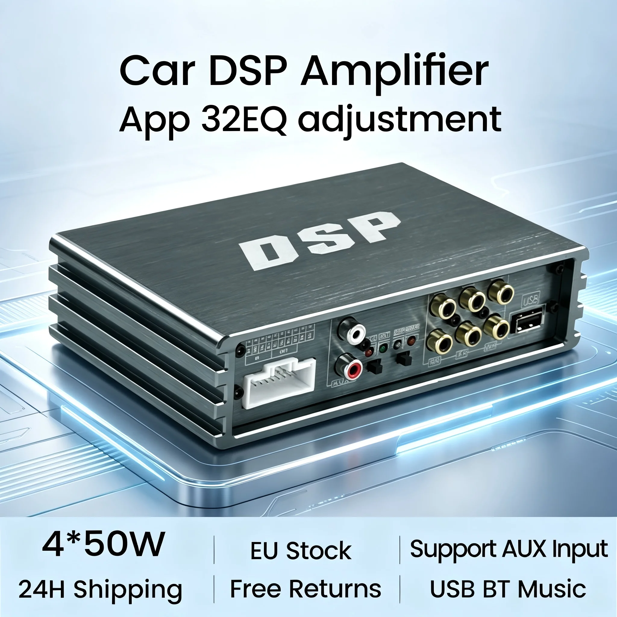 Amplificateur DSP de voiture en stock UE 32EQ, haut-parleur audio de voiture pour écran Android, amplificateur dédié BT 5.1, réglage via application mobile, positionnement du champ sonore 4*50W