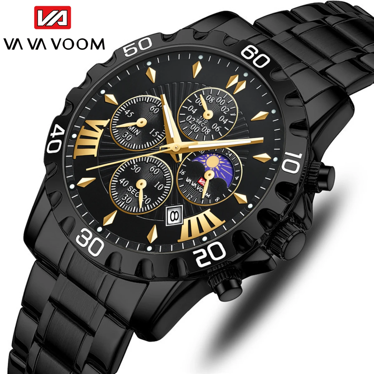 VA VA VOOM Men Watch Young Fashion Original Quartz Watch for Man Waterproof Luminous Chronograph Moon Phase Casual Watch For Men