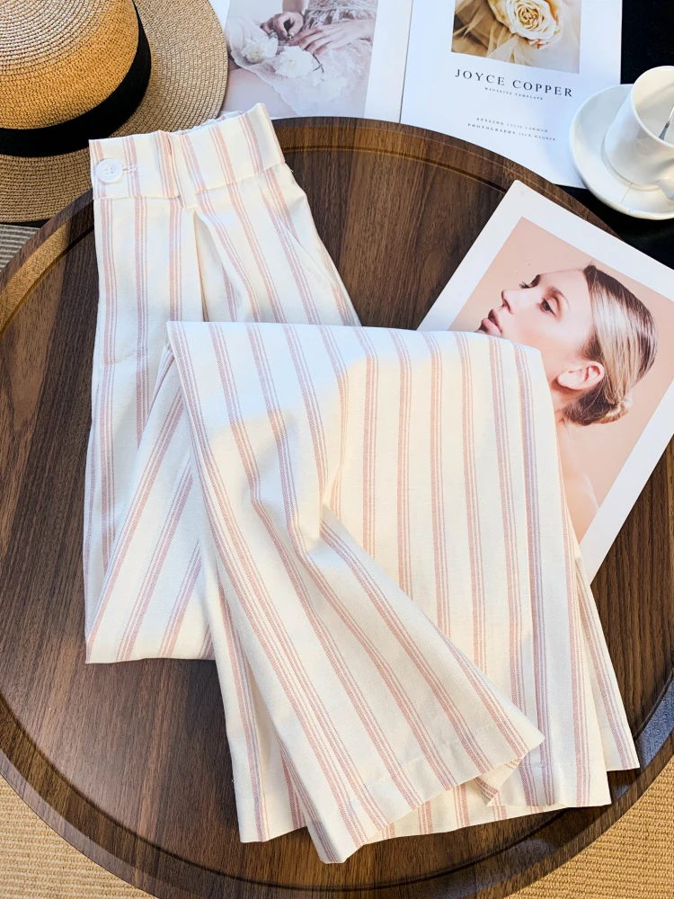 ピンクのストライプ柄スーツパンツ レディース 春夏 オフィスレディー ゆったり ワイドレッグパンツ ハイウエスト カジュアル シンプル 可愛い ストレートパンツ 新作