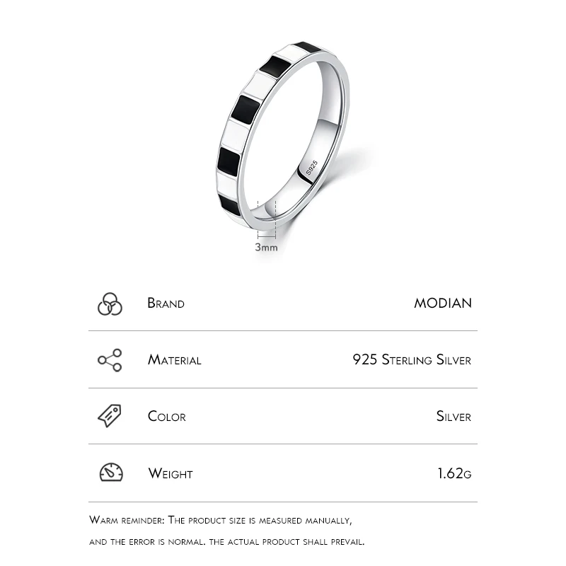 Modian 925 Sterling Silver Minimalist Black And White Grid Enamel Trendy Ring For Women Unique Original Design Ring Fine Jewelry