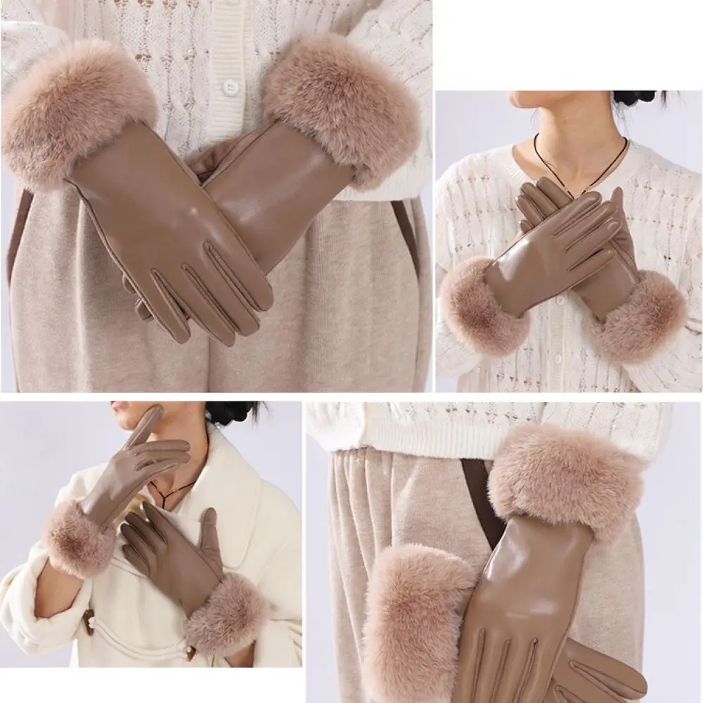 Elegant Women Suede Gloves Winter Warm Touch Screen Fur Trim Fleece Lined Windproof Outdoor Fashion Daily Wear For Nianxuehan