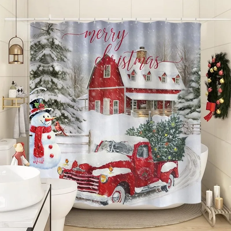 Christmas Red Truck Red House Snowman Cardinal No Drill Shower Curtain 12 Hooks Bathroom Decor Set