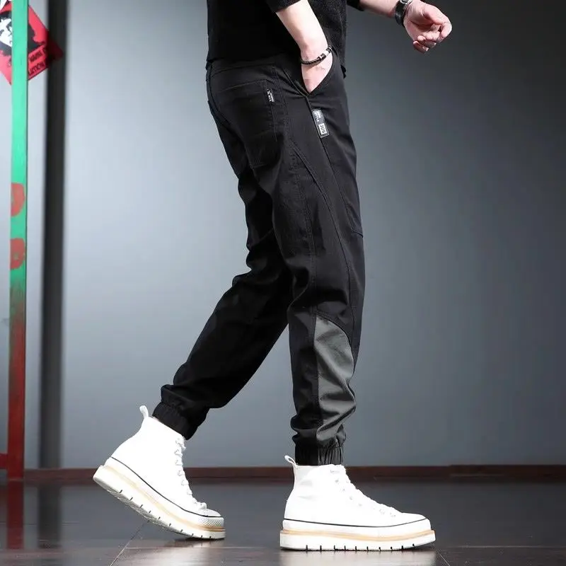 Spring Autumn Fashion Elastic Waist Solid Men's Clothing Drawstring Trend Loose All-match Korean Bound Feet Pockets Casual Pants