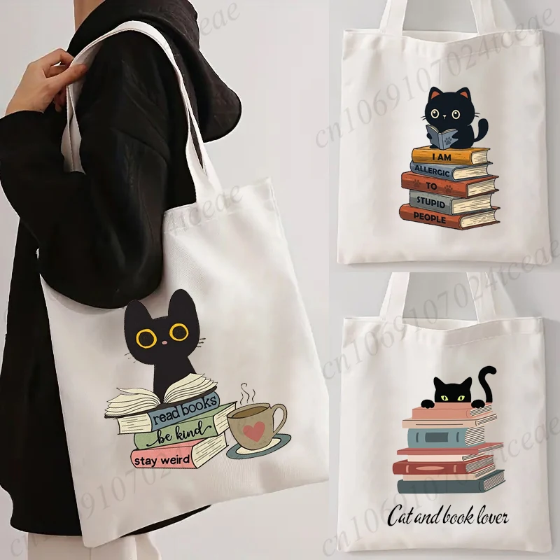 

Cats Reading Print Shopping Bags for Woman Gift for Book Lover Gift for Cat Owner Bookish Canvas Shopping Bag Books Cat Tote Bag