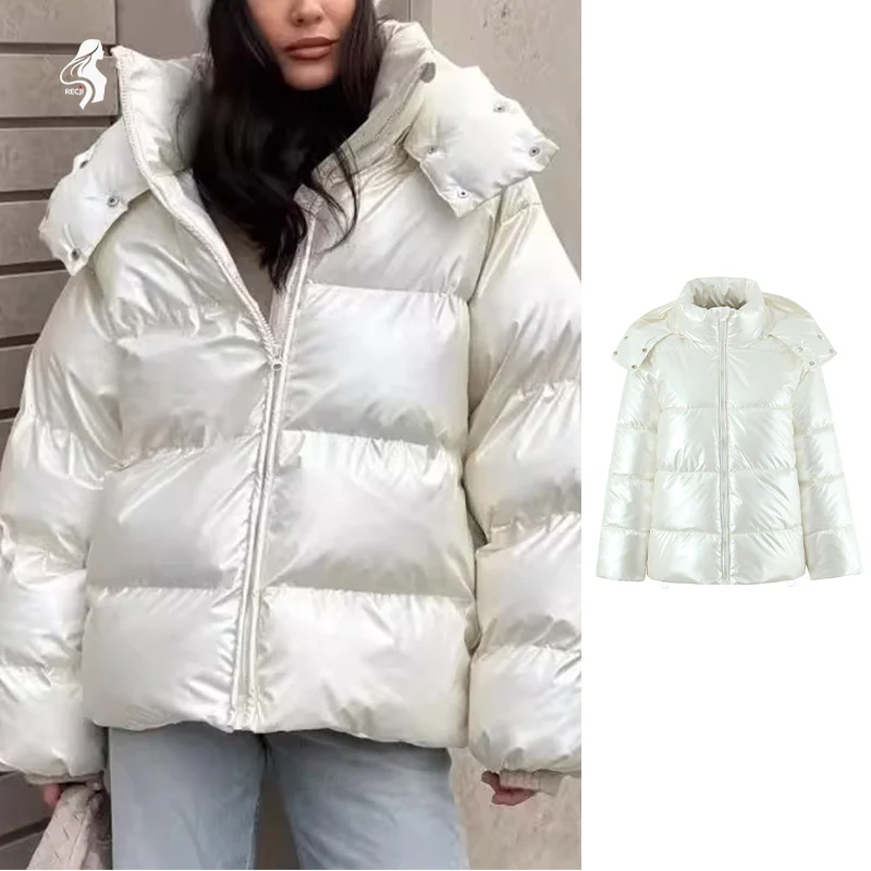 Damenkleidung, gesteppte Baumwolljacke für Damen mit abnehmbarer Kapuze und Reißverschluss, warmer, lässiger Pendlermantel für Herbst und Winter