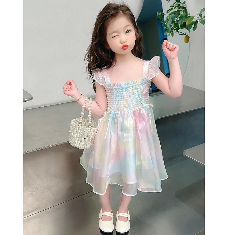 1-8 Years Cute Summer Princess Girls Dress Gradient Rainbow Butterfly Decoration Mesh Dress For Girls Party Prom Gown Clothes