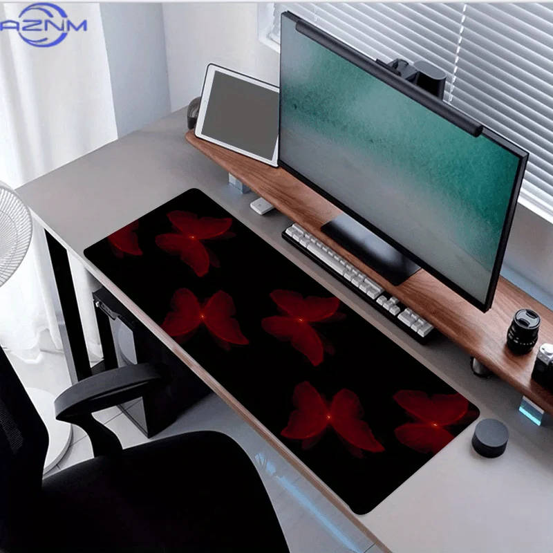 XXL Gaming Mouse Pad - Extra Large 79.76x39.88 cm Desk Mat with Non-Slip Rubber Base, Stitched Edges - Red Butterfly Design on B