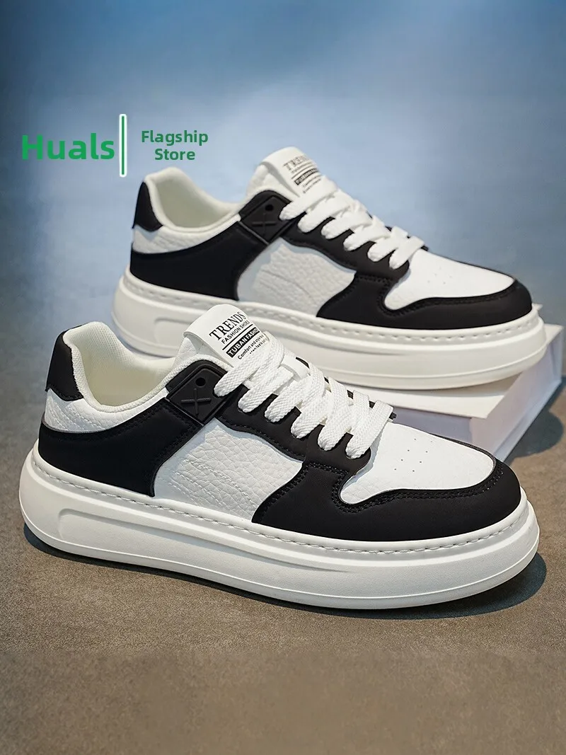 Men's Casual Leather Shoes Autumn Trend All-Match White Board Shoes Teenage Waterproof Anti-Slip Sports Heightening White Sne...