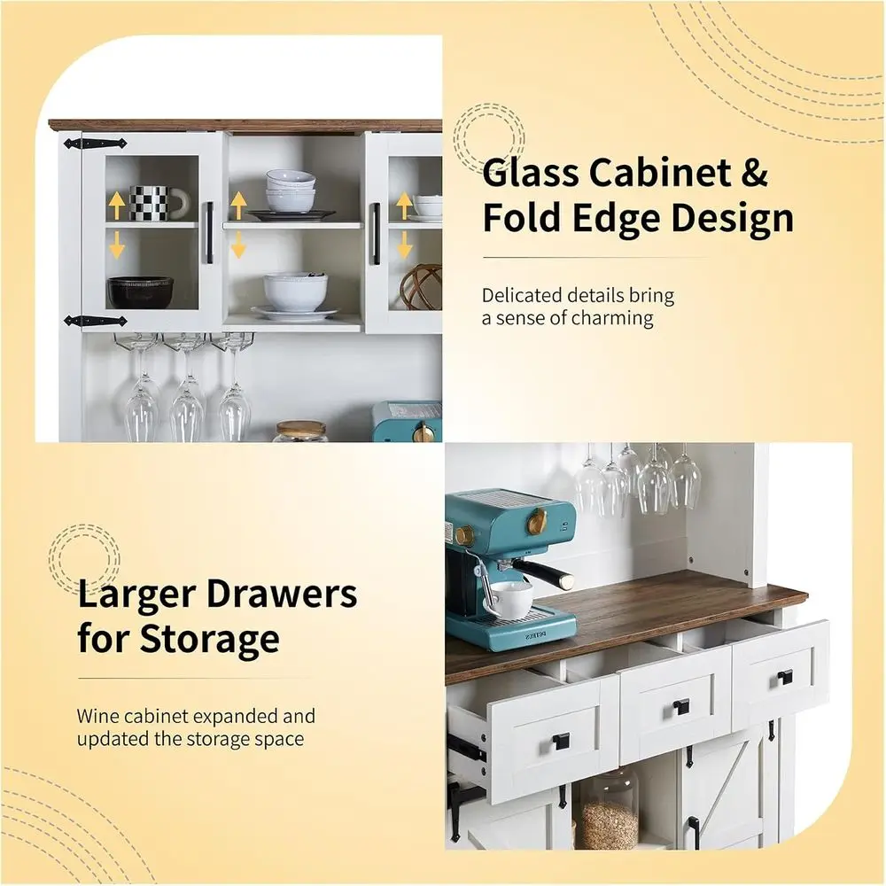 Sliding Barn Door LED Lighted Coffee Bar Wine Cabinet, 3 Drawer Sideboard Buffet, White Storage for Kitchen & Dining