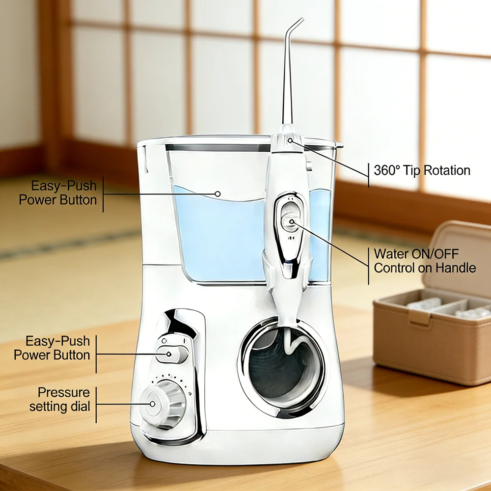 

Электрический ирригатор для полости рта настольный, 800 мл, 10 режимов, 5 насадок для чистки зубов и ухода за полостью рта