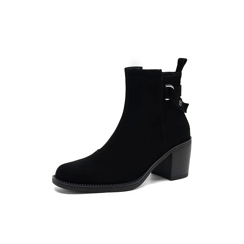Women's Natural Suede Leather Square Toe Metal Buckle Side Zip Autumn Ankle Boots 5cm Thick Med Heel Casual Short Booties Shoes