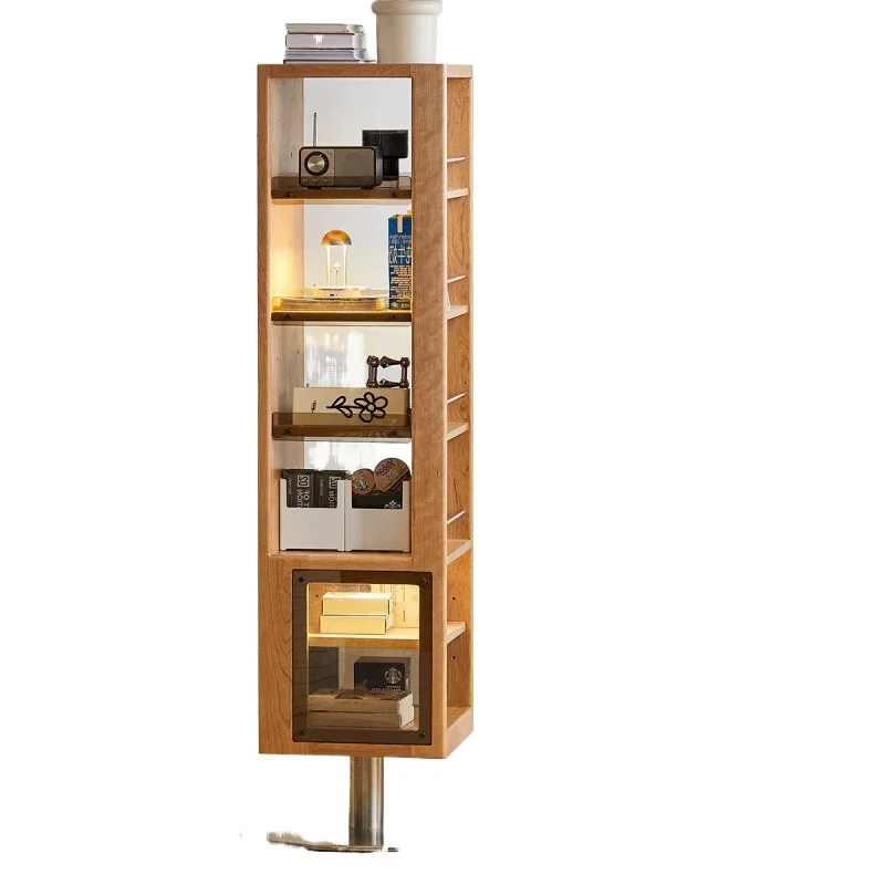 Nordic solid wood rotating full-length mirror, retro storage bookcase, entrance rotating floor mirror cabinet