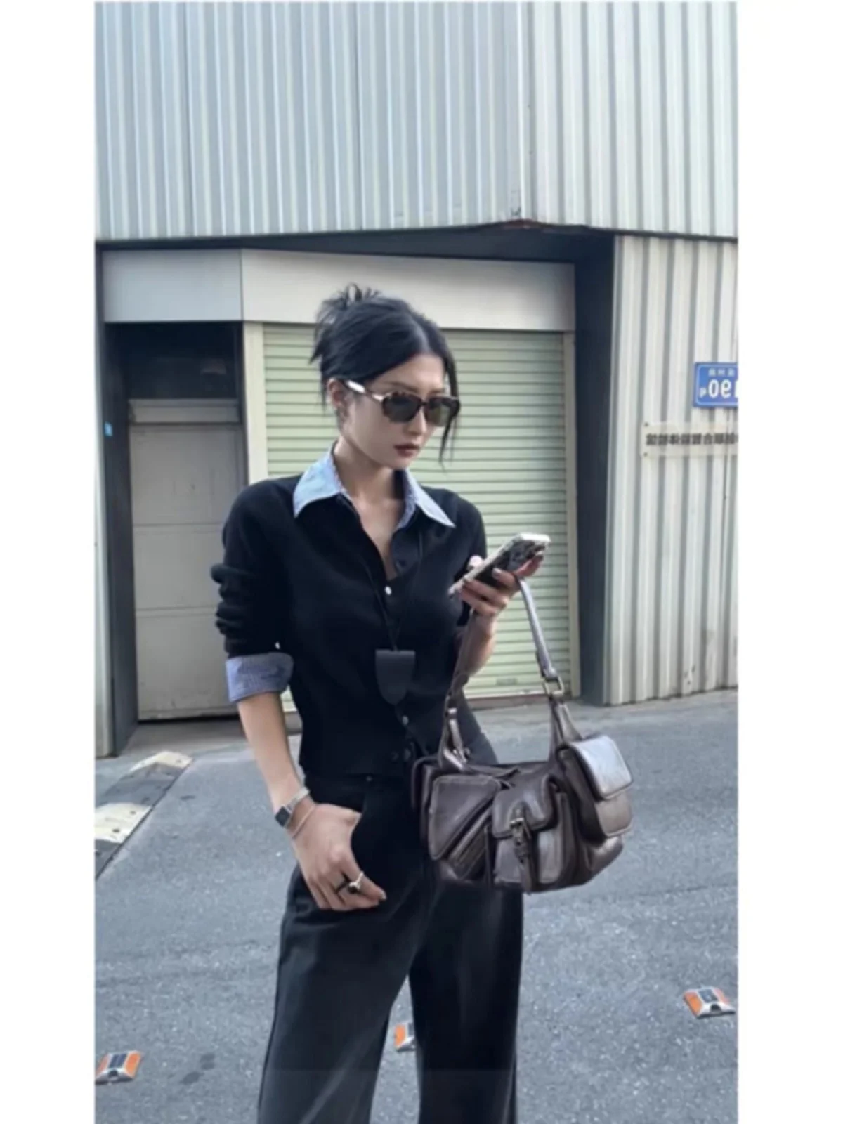 Slim Fit  Neck T-Shirt Female Splice Design Commute Style Korean Version Large Size Long Sleeve Autumn New Arrival