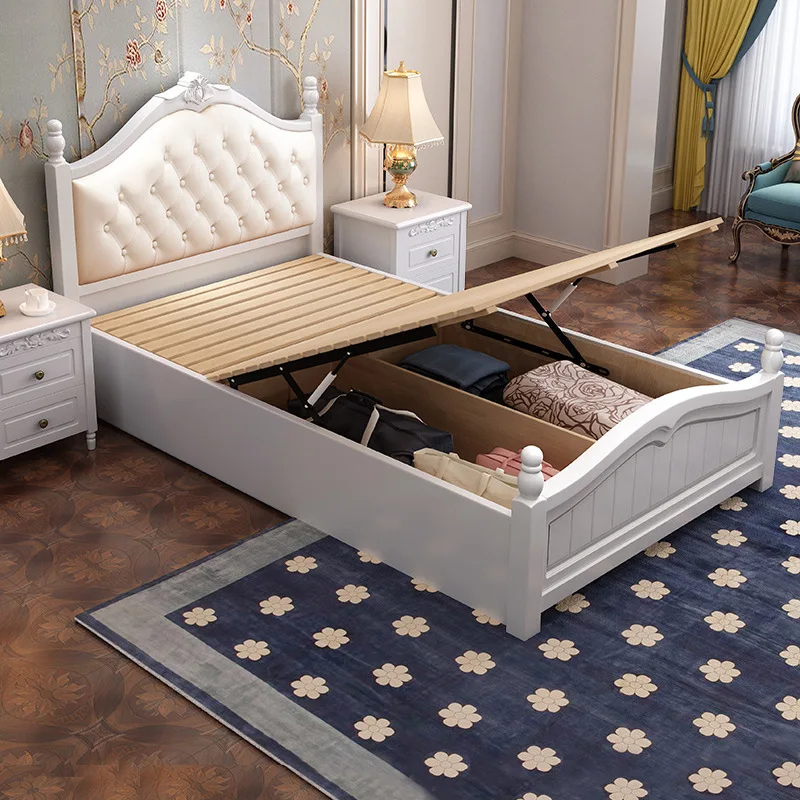 

White American bed solid wood bed 1.35m 1.2m single small apartment air pressure high box storage light luxury princess 1.2m