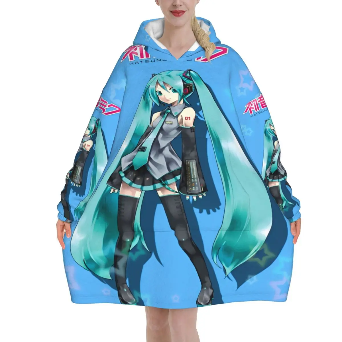 

Hatsune Miku Носимое одеяло с капюшоном в стиле аниме для женщин и мужчин, теплое уютное большое одеяло, толстовка, толстое флисовое одеяло с капюшоном