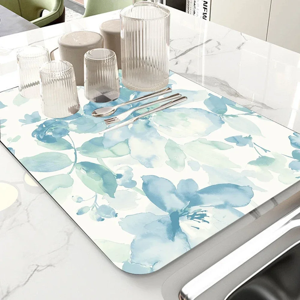 Watercolor Style Absorbent Mat Plant Flower Rose Draining Mat Kitchen Tableware Drying Tableware Non Slip Carpet Tableware