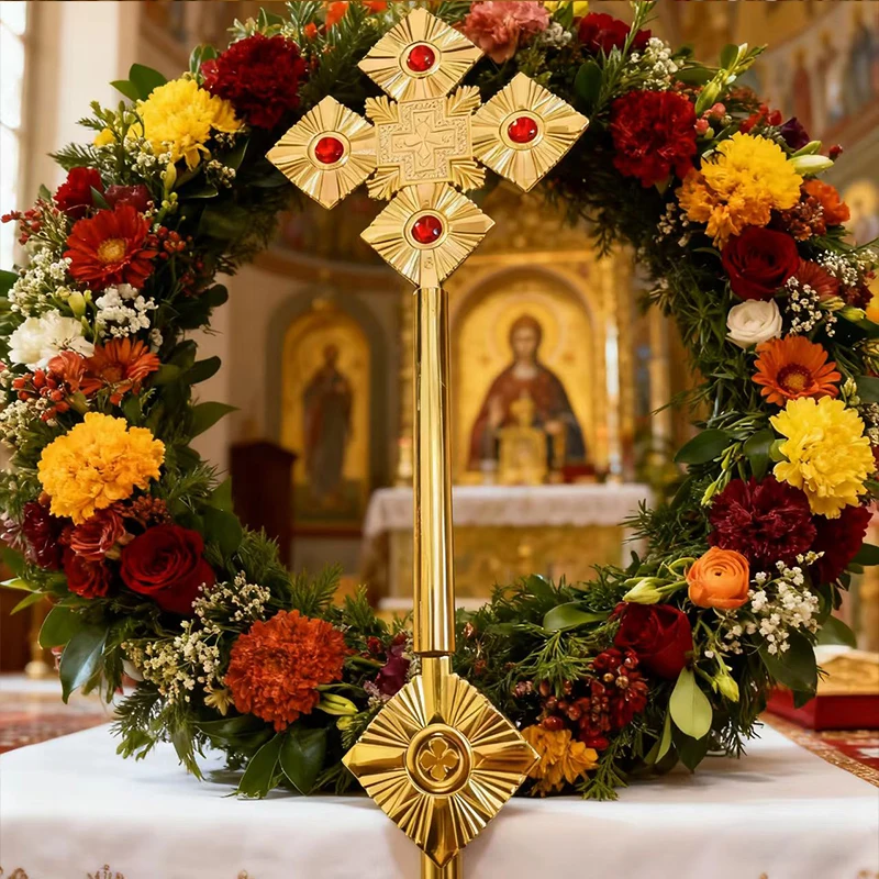 New 2026 Eastern Orthodox metal cross scepter religious ceremony sacrament celebration inlaid with bright ruby religious belief