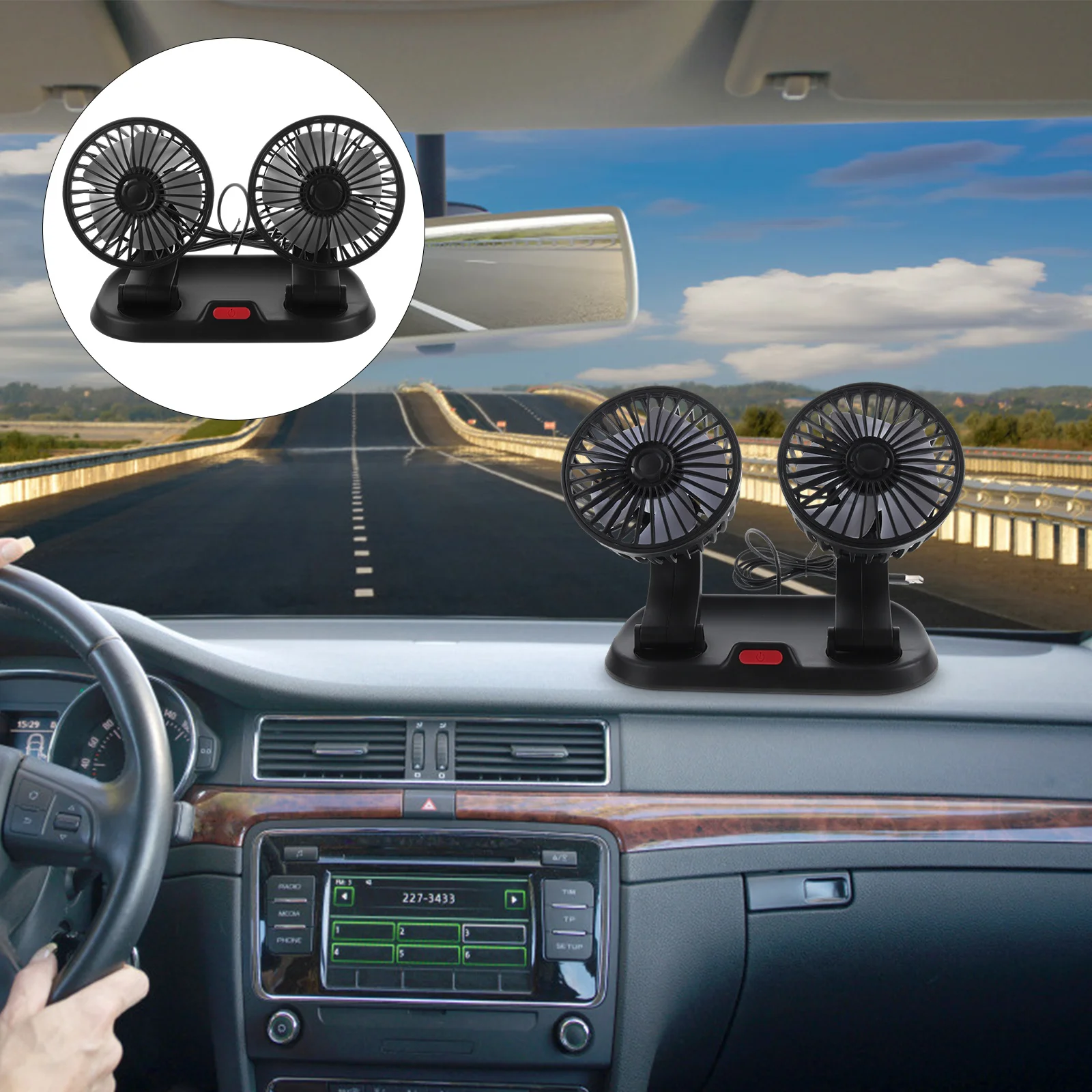 

Dual Head Car Grey Abs 360° Adjustable Cooling Fan Dashboard Portable Strong Wind For Vehicle Office Home Double Headed