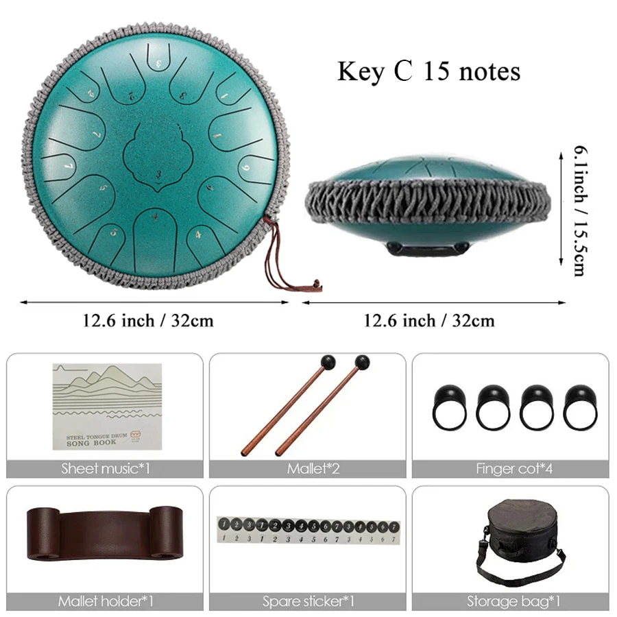 Hluru Glucophone Tank Drum Key C 13 inch 15 Notes Ethereal Steel Tongue Drum Meditation Percussion Musical Instrument