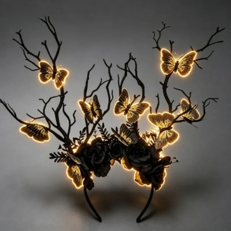 Day of the Dead Gothic Headband, LED Glowing Butterfly Branch Horn Hairband, LIGHT UP Dark Woodland Tree Crown for  Halloween