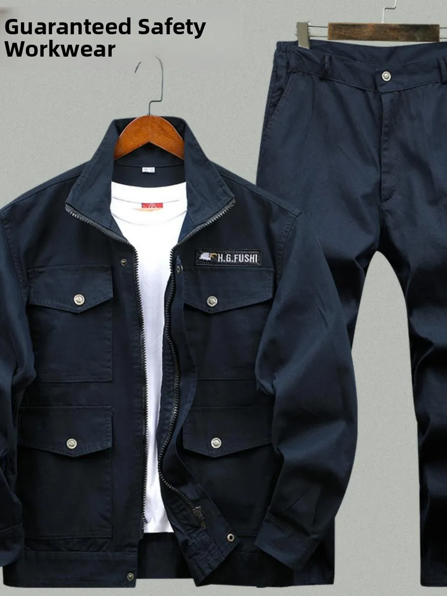 メンズ作業服セット-春秋用-耐火性-高温耐性-耐摩耗性-溶接や建設作業用作業服