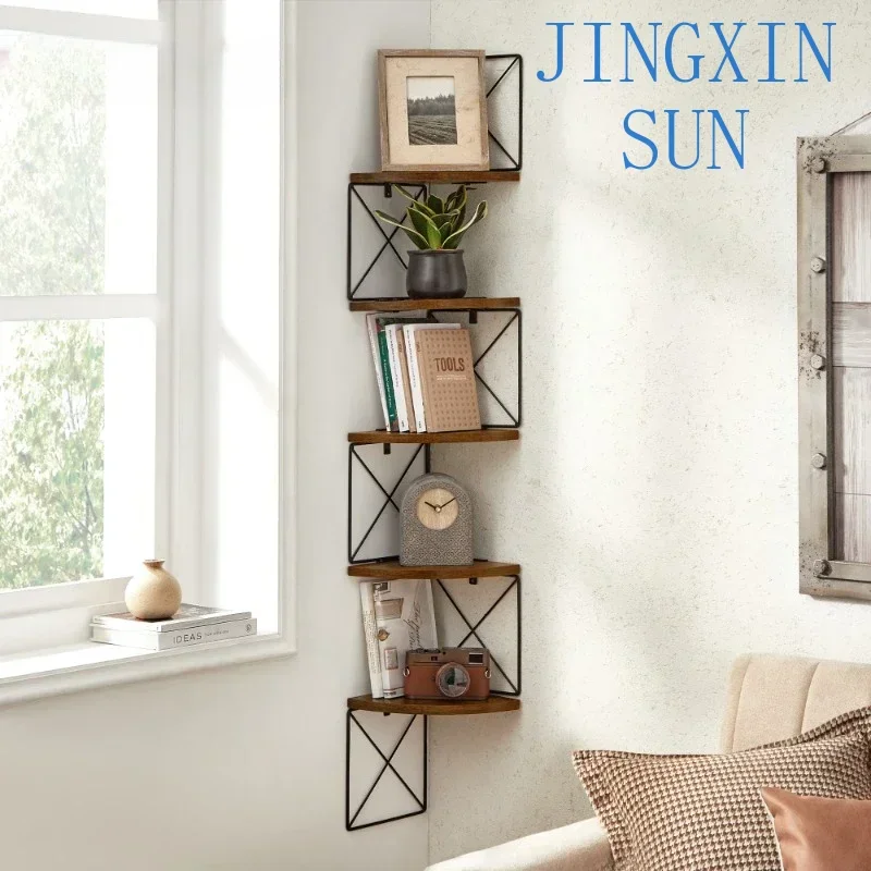 SAT137 For 5 Tier Corner Shelf Wall Mount Zig Zag Storage Rack Rustic Wood Floating Shelves Wall Shelves for home storage