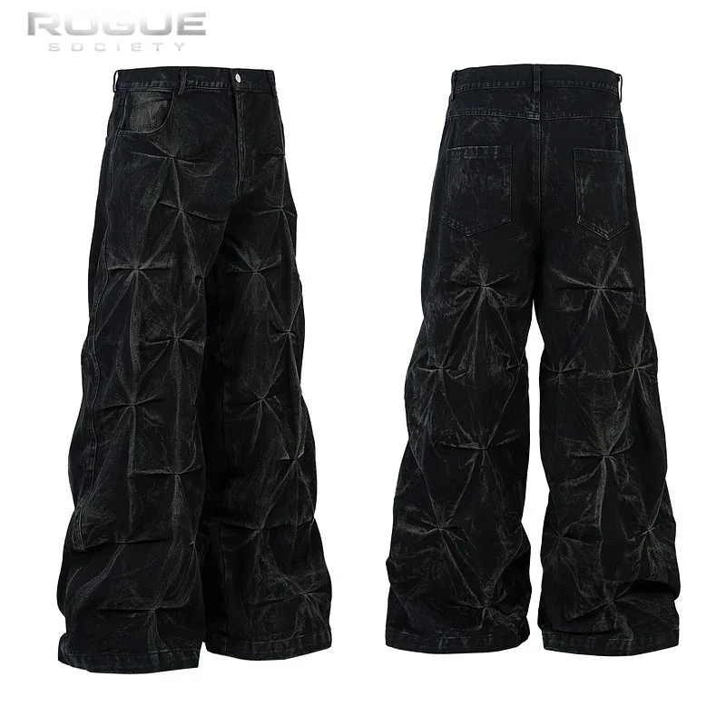 Grunge Pleated Waxed Jeans Men Women Streetwear Washed Baggy Pants Gothic Y2k Stitched Distressed Denim Trousers Punk Harajuku