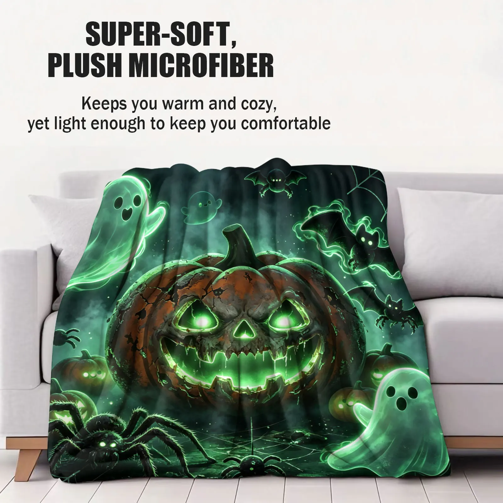 Horror Halloween Throw Blanket Neon Green Glowing Jack‑O'‑Lantern Ghost Spider Web Printed Lightweight Flannel Blanket for Sofa