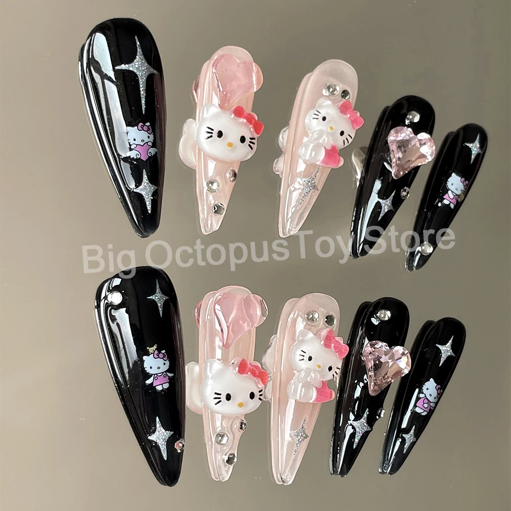 10Pcs Sales Promotion Sanrio Hello Kitty Long Stiletto Finished Fake Nails Rhinestone Design Star Detachable Press On Nails