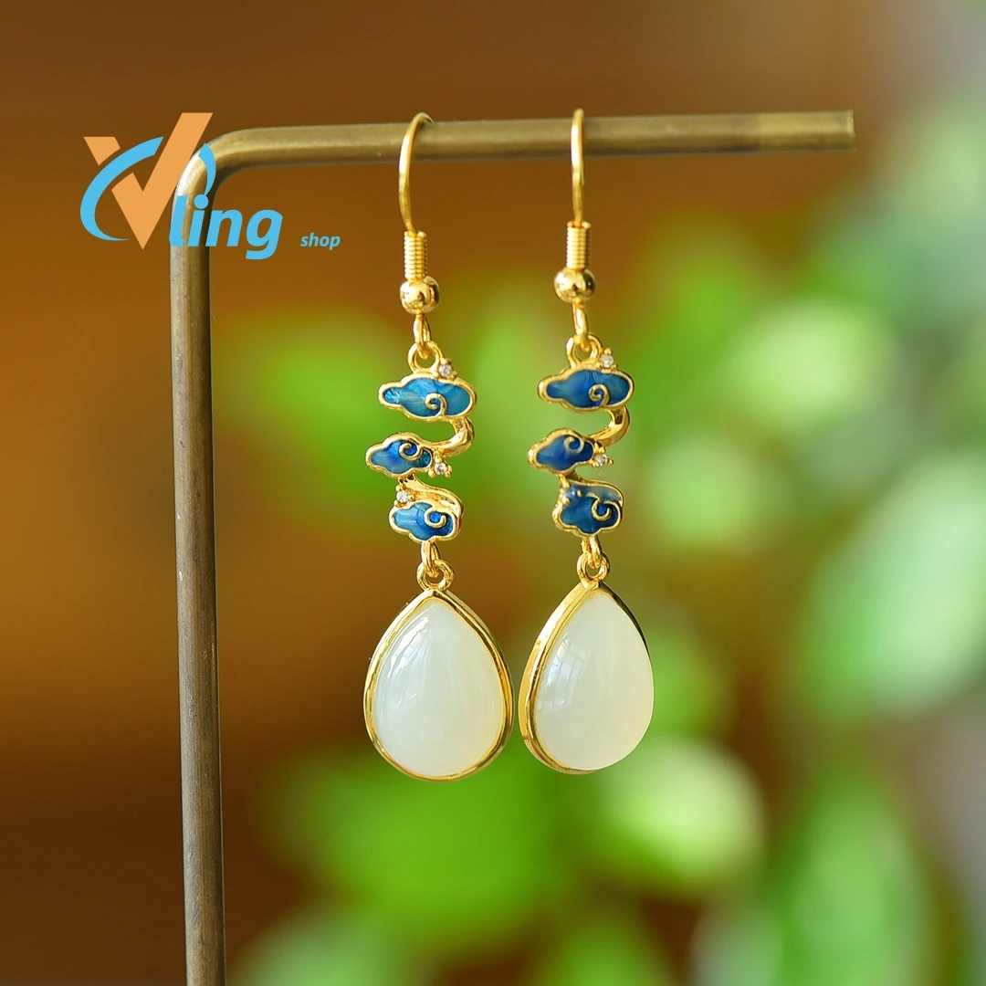 

Earhook Personality Trend Unique Temperament Advanced Earrings Copper Inlaid Hotan Jade Water Drop Fashion Earrings