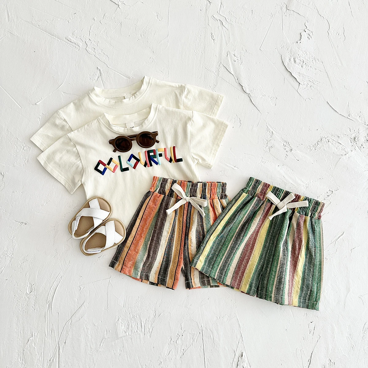 2024 Summer Newborn Boys Infants Clothing Set Short sleeved T-shirt+Shorts Girl Vacation Colorful Stripe Letter 2PCS