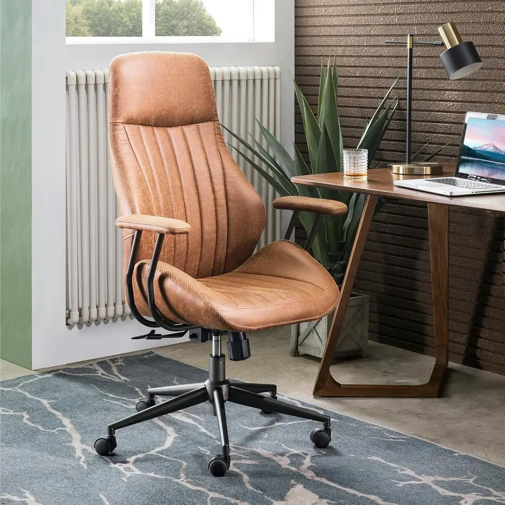 

Ergonomic High-Back Leather Executive Swivel Chair with Armrests, Comfortable Brown Suede Computer Desk Chair