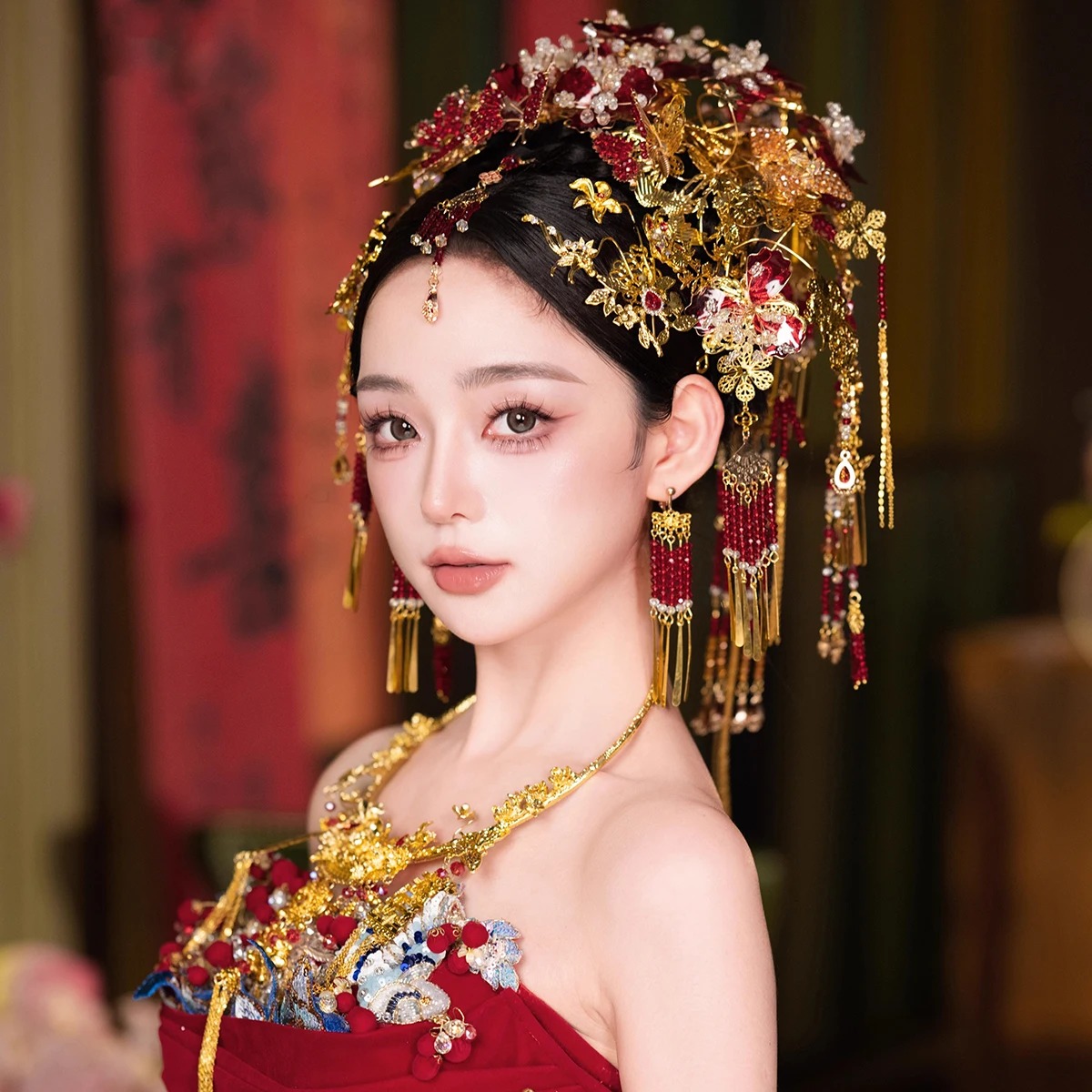 Handcrafted Red Crystal Butterfly Forehead Drop Crown with Long Tassels Beaded Bridal Chinese Wedding Hairpiece for Brides