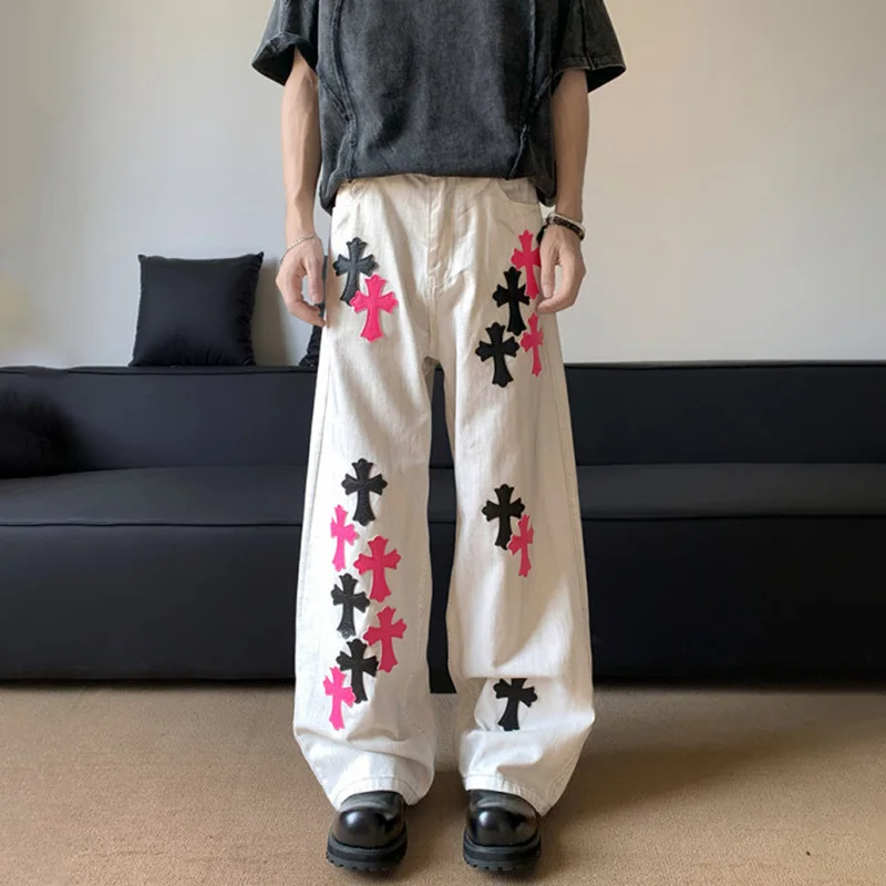 LUZHEN اللون التباين المرقعة فضفاض واسعة الساق جينز غير رسمي الرجال 2025 جديد أنيق الأصلي الشارع الشهير مستقيم الدينيم السراويل JY3187