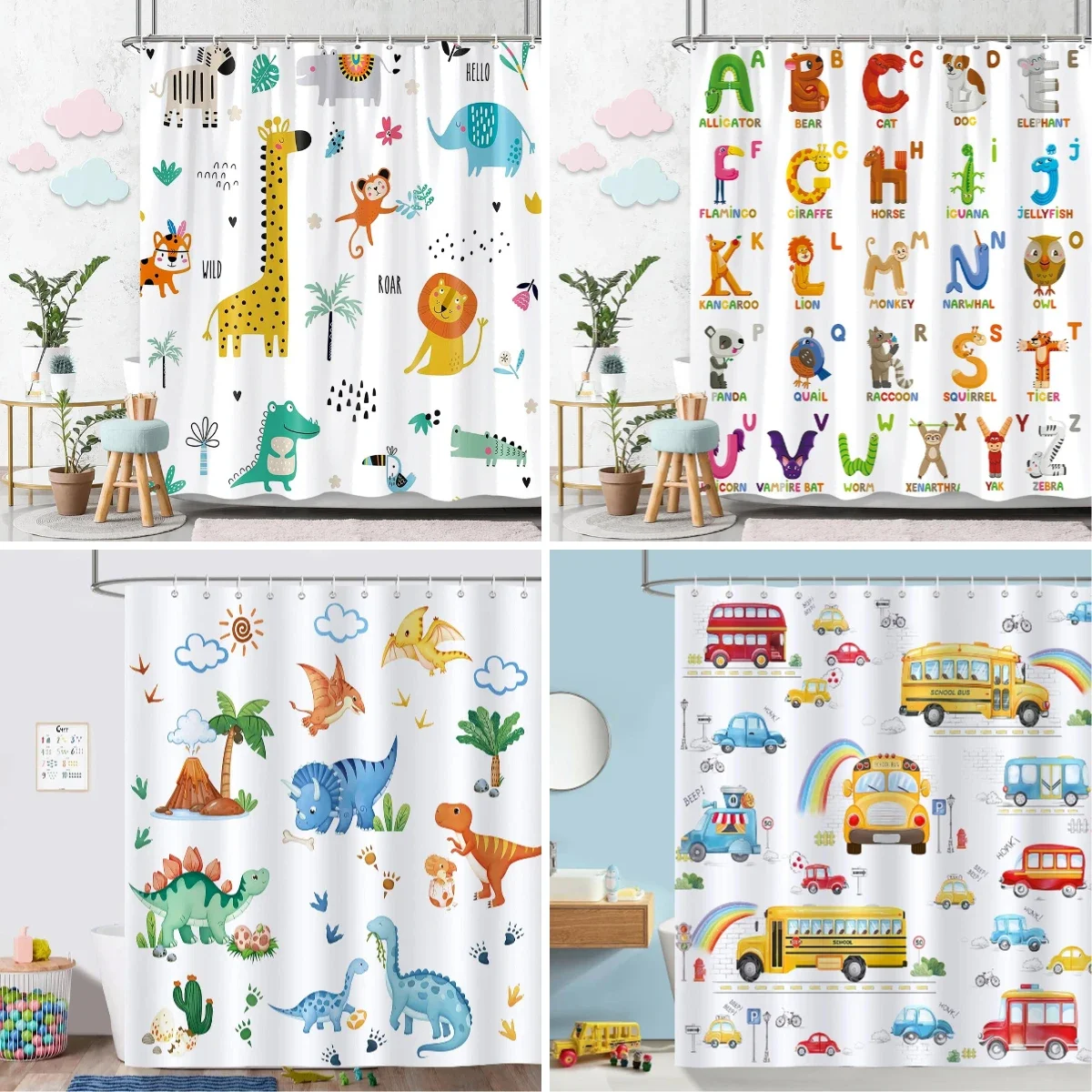 Cartoon Animal Alphabet Shower Curtain Kids ABC Educational Learning Tools Baby Girls Boys Colourful Bath Curtain Bathroom Decor