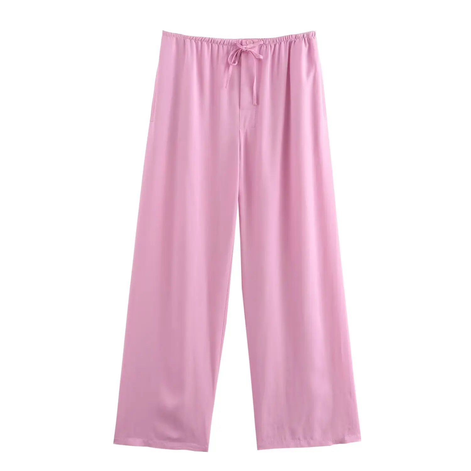 

HH TRAF 2024 Woman Fashion High Street Wide Leg Pants Pink Mid-Waist Lace-Up Decorate Button Trousers Summer Pants Woman Trendy