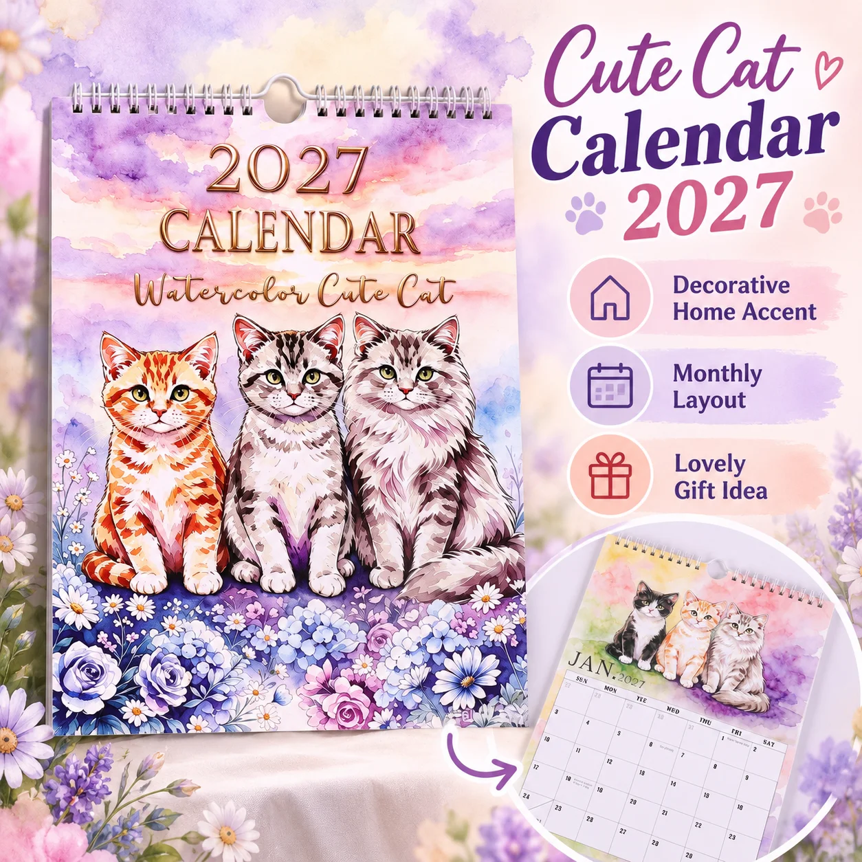 2027 Decorative Watercolor Cat Wall Calendar,cute Animals Spiral Bound Monthly Planner Hanging Design For Home Office Decor Gift