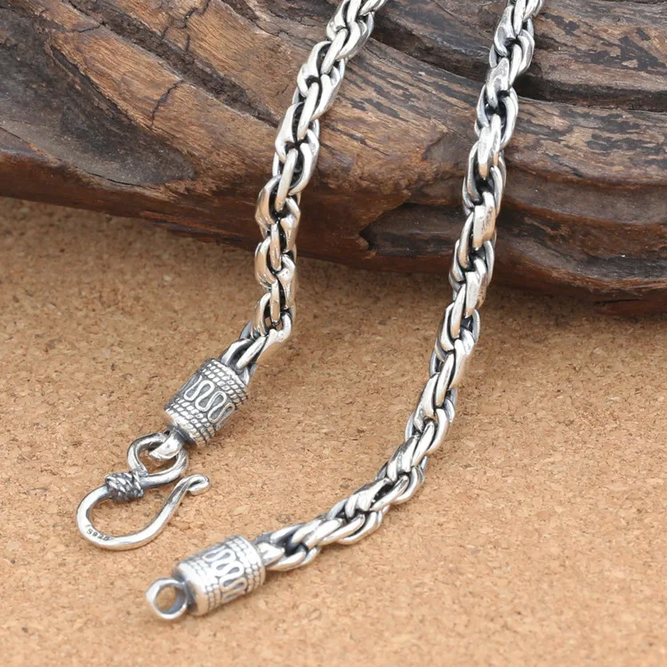 S925 sterling silver fashion ornament vintage Thai silver craft men's and women's 4MM twist hemp rope all-match necklace