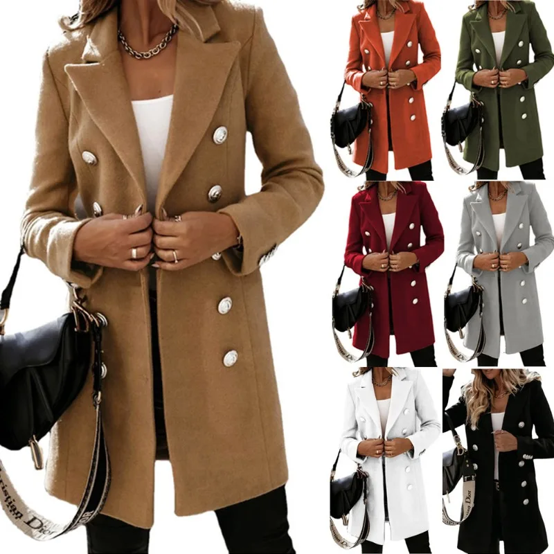 

Women Solid Turn-down Collar Long Trench Coat Autumn Winter Woolen Coat New Women Long Sleeve Double Brewed Slim Fit Trench Coat
