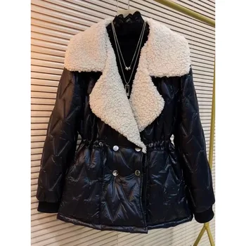 ผู้หญิง Slim เอว Cotton Coat,แจ็คเก็ตฤดูหนาว,หญิง Parkas,ปุ่มกระเป๋า Outwear,ขนาดใหญ่, lamb FUR Lapel Overcoat,ใหม่