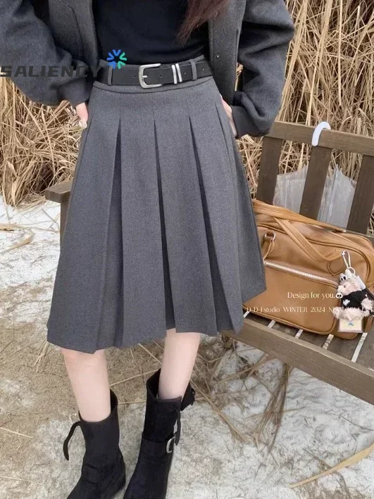 

SALIENCY Preppy Style Pleated Skirt Women Spring 2024 Fashion Anti-glare High waist A-line Midi Skirt Classic Basic
