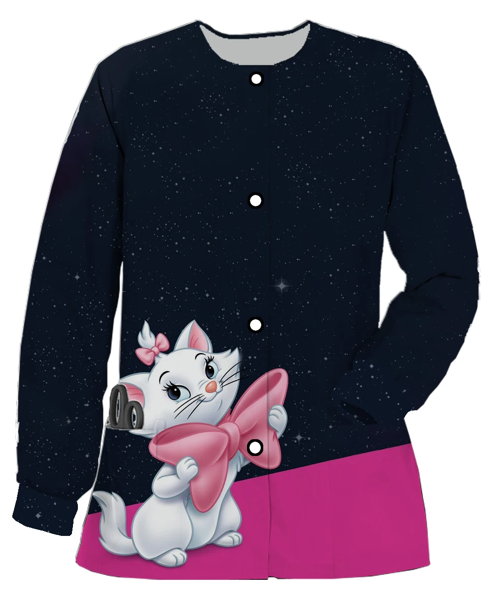 Schönheitssalon Damen Langarm-Cardigan mit Doppeltasche, lässige Arbeitskleidung, Disney Marie Cat, süße süße bedruckte Jacke