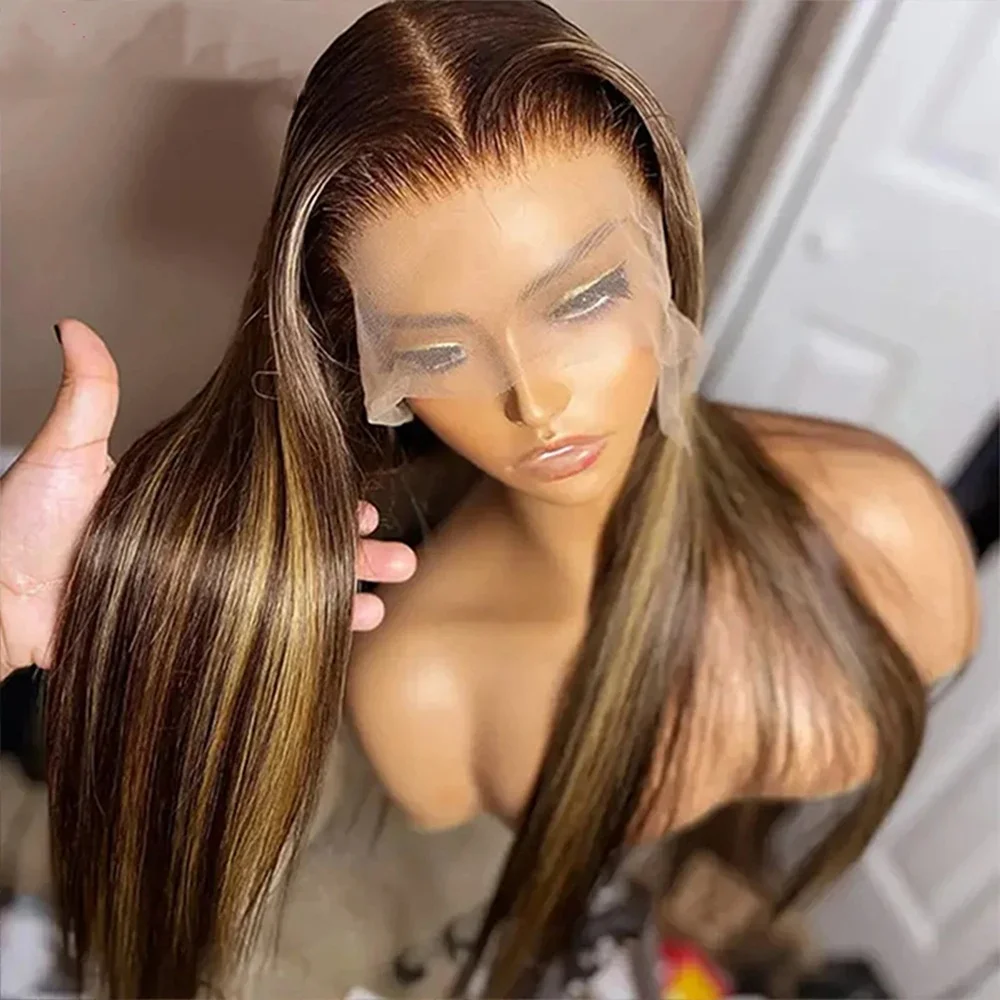 

Hghlight Straight 360 Full Lace Front Human Hair Wig 370 Full Lace Wig PrePlucked Brazilian Blonde 4/27 Colored Frontal Wig