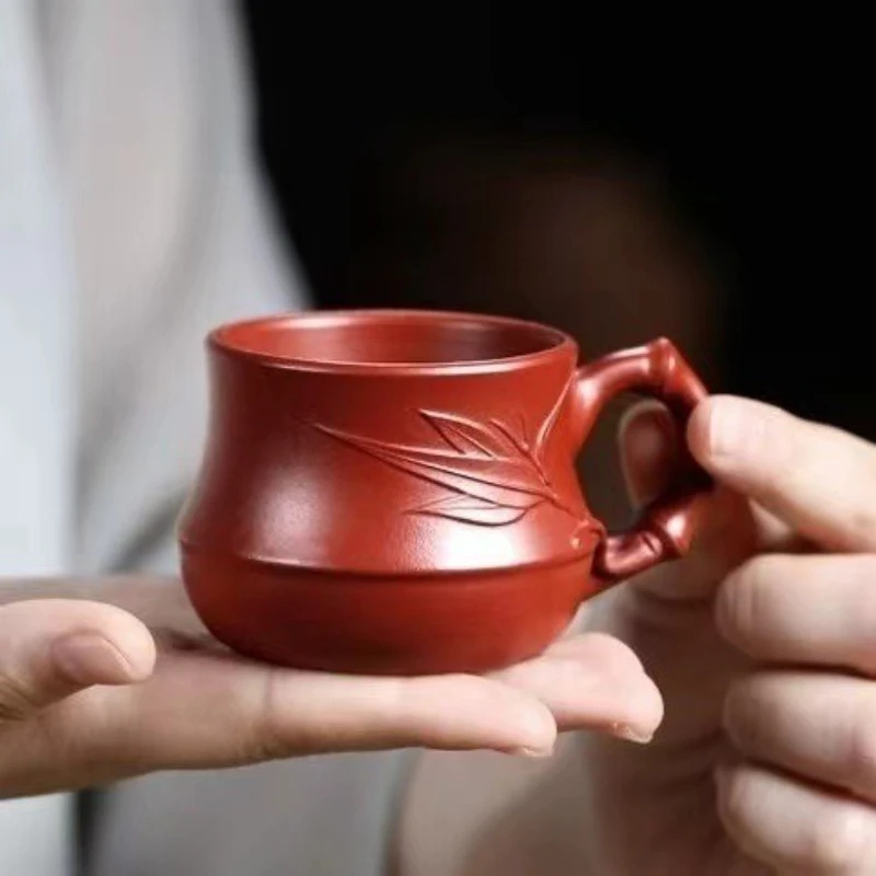 Handmade Yixing Zisha Bamboo Joint Master Tea Cup with Handle for Kung Fu Tea Ceremony Personal Tasting Gift