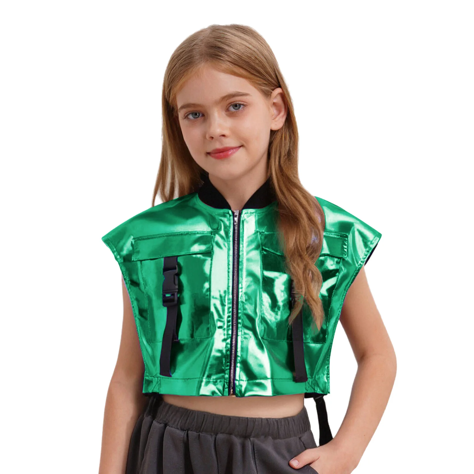 Kinderen Meisjes Glanzend Metallic Glanzend Vest Tops PU Mouwloos Rits Zijkanten Open Jasje voor Hiphop Jazzdans Stage Performance