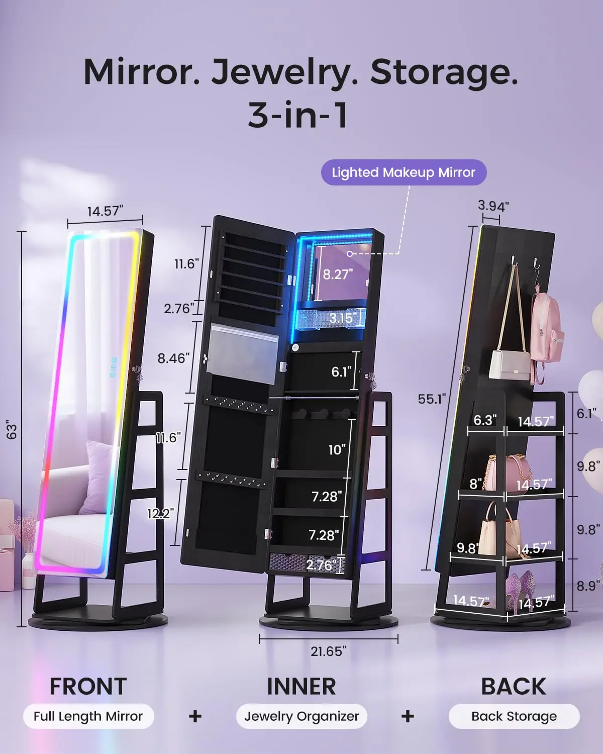 12-Zone Velvet Floor Standing Jewelry Organizer | 108 Earring Slots, 24 Necklace Hooks, RGB+LED, Remote Control, Ideal Gift