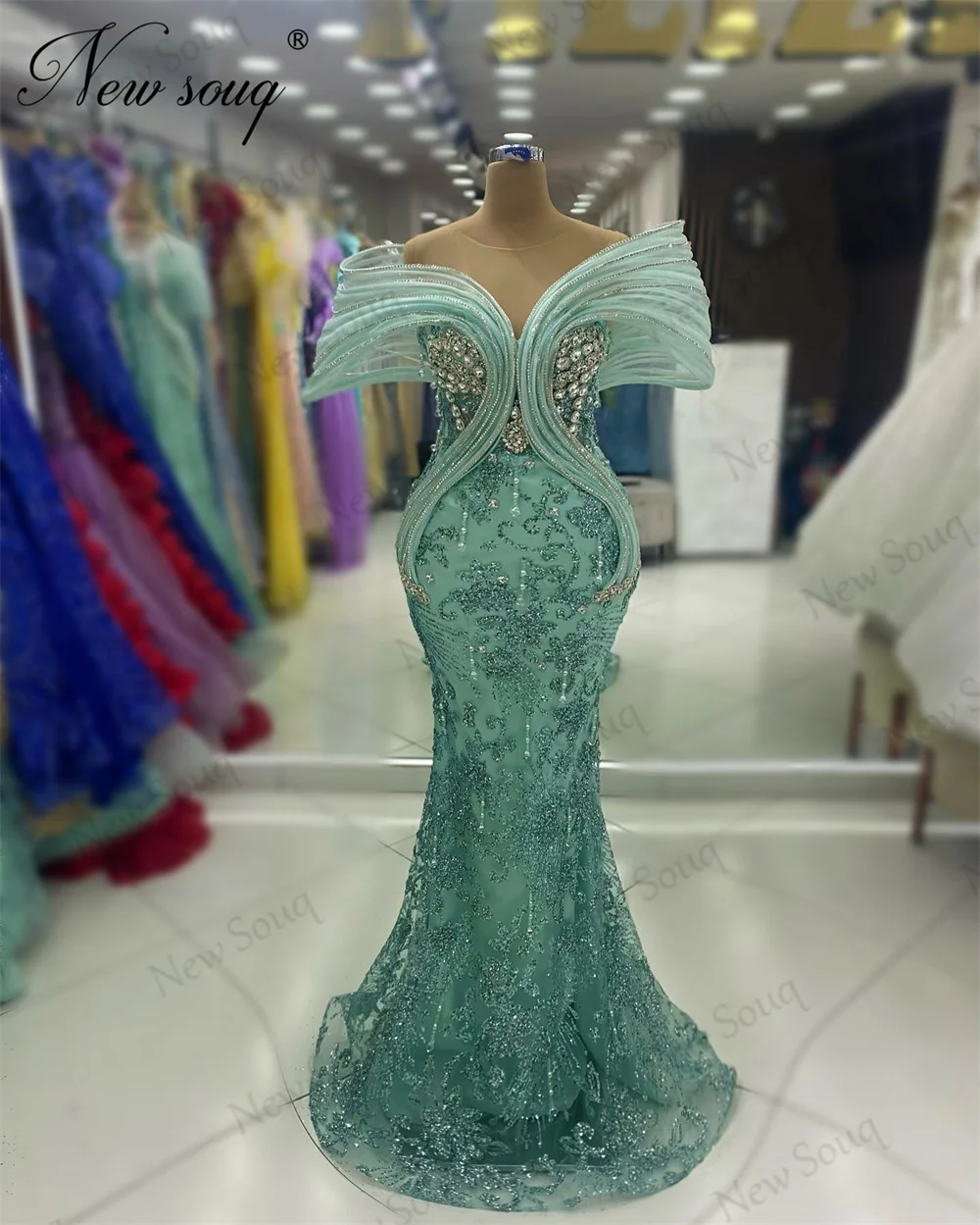 Mint Groene Off Shoulder Avondjurken Arabische Glitter Pailletten Prom Dress Vrouwen Luxe Kralen Zeemeermin Bruidsfeest Jurken Dubai