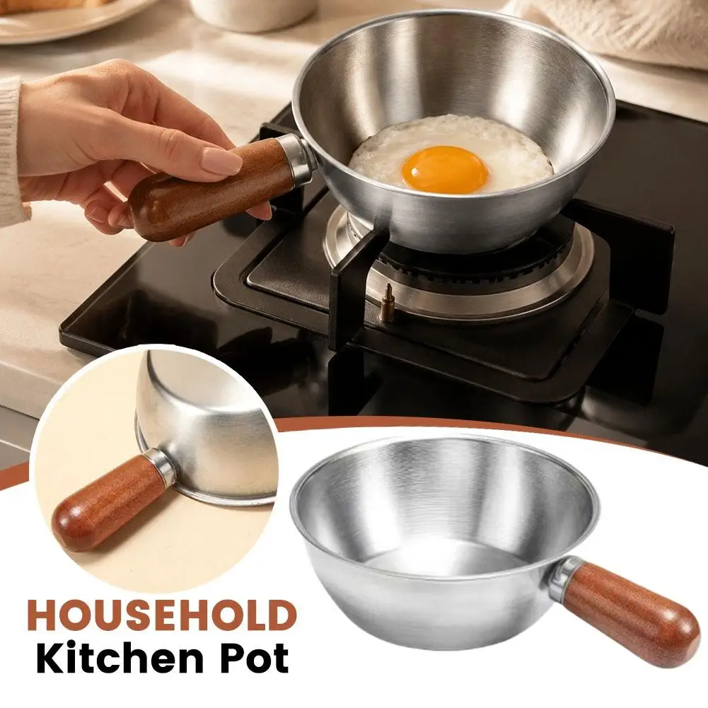 Stainless Steel Household Kitchen Small Pot High Quality Lightweight Mini Milk Anti-scalding Wooden Handle Omelette Frying Pan