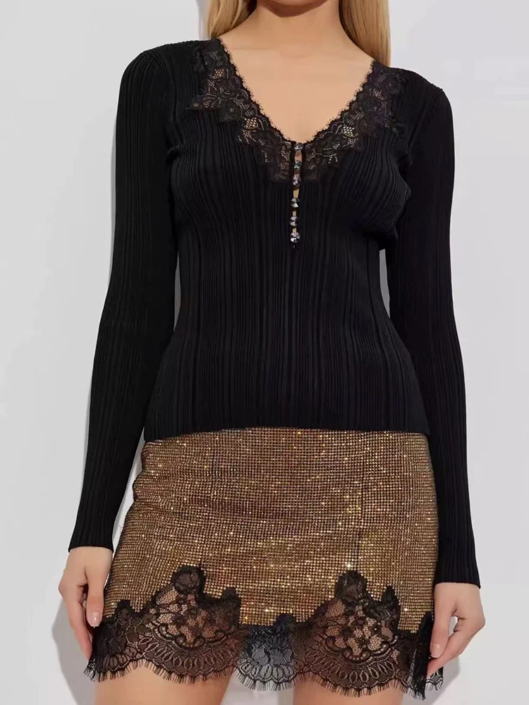 

Осенний новый классический черный свитер, кружевной свитер, пуловер, женский темпераментный универсальный вязаный топ с v-образным вырезом и длинными рукавами