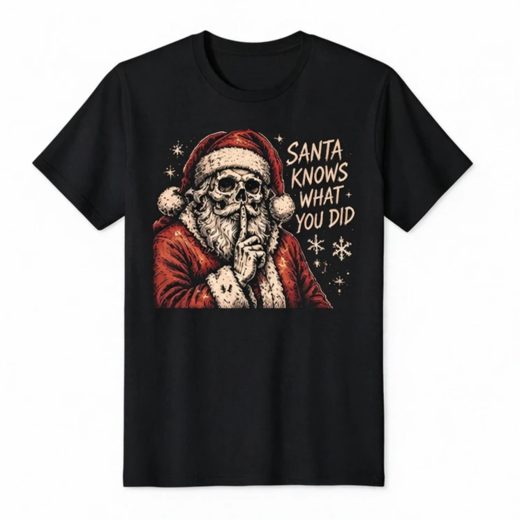 Dark Christmas Santa Skull T Shirt Women Holly Berry Wreath Santa Hat Skeleton Graphic Tee Cotton Holiday Gift Harajuku Y2k Top